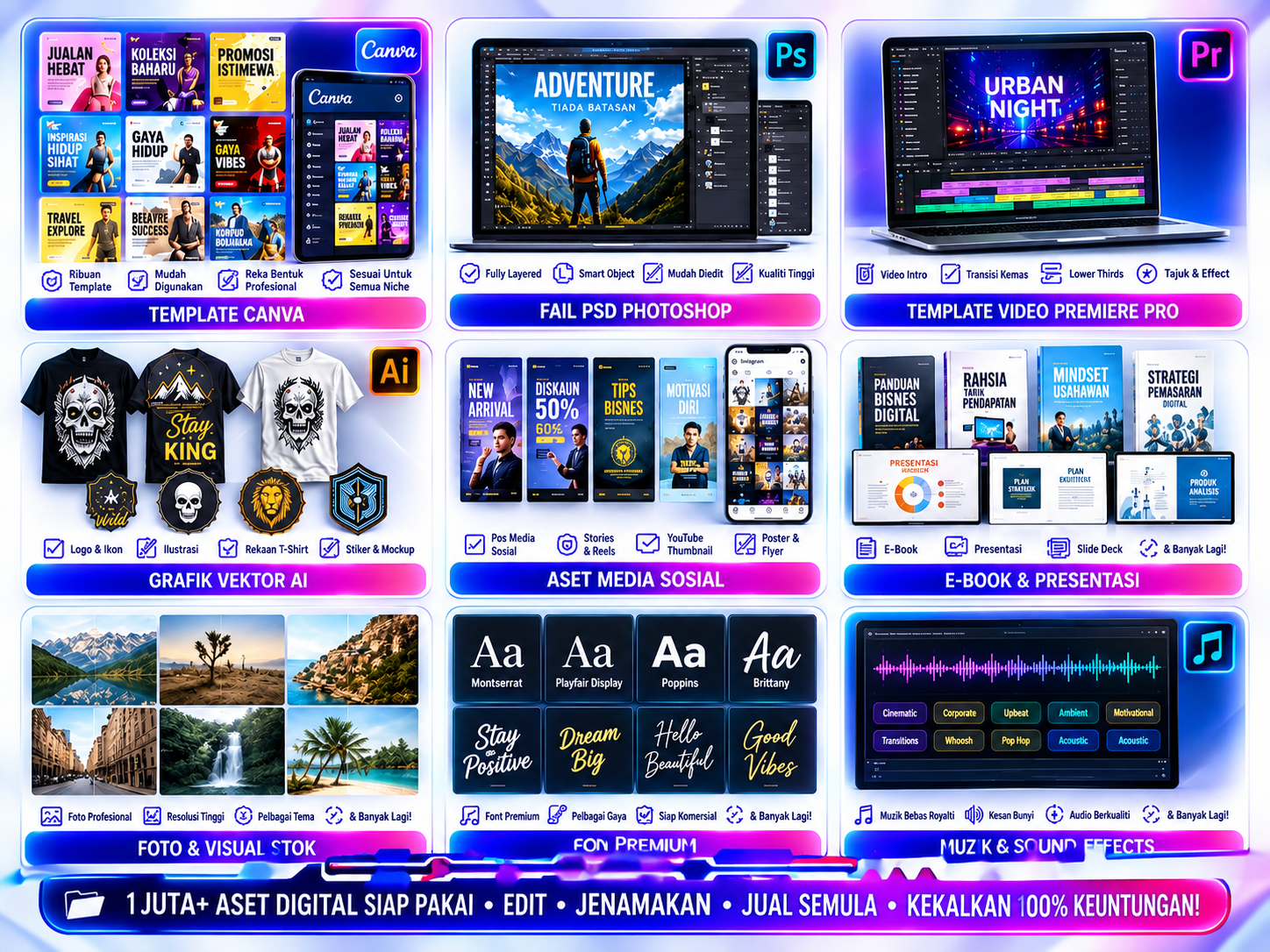 Pratonton template Canva, PSD, planner, preset dan font