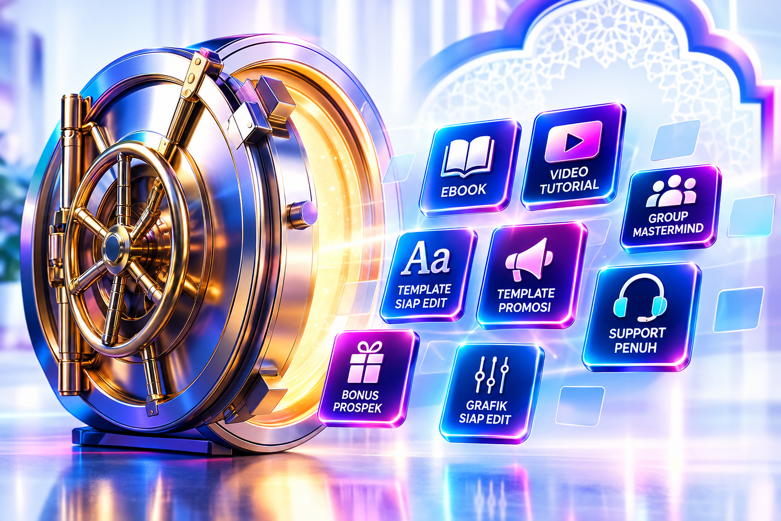 Vault digital emas dengan ikon kategori: ebook, video tutorial, template, grafik dan bonus prospek